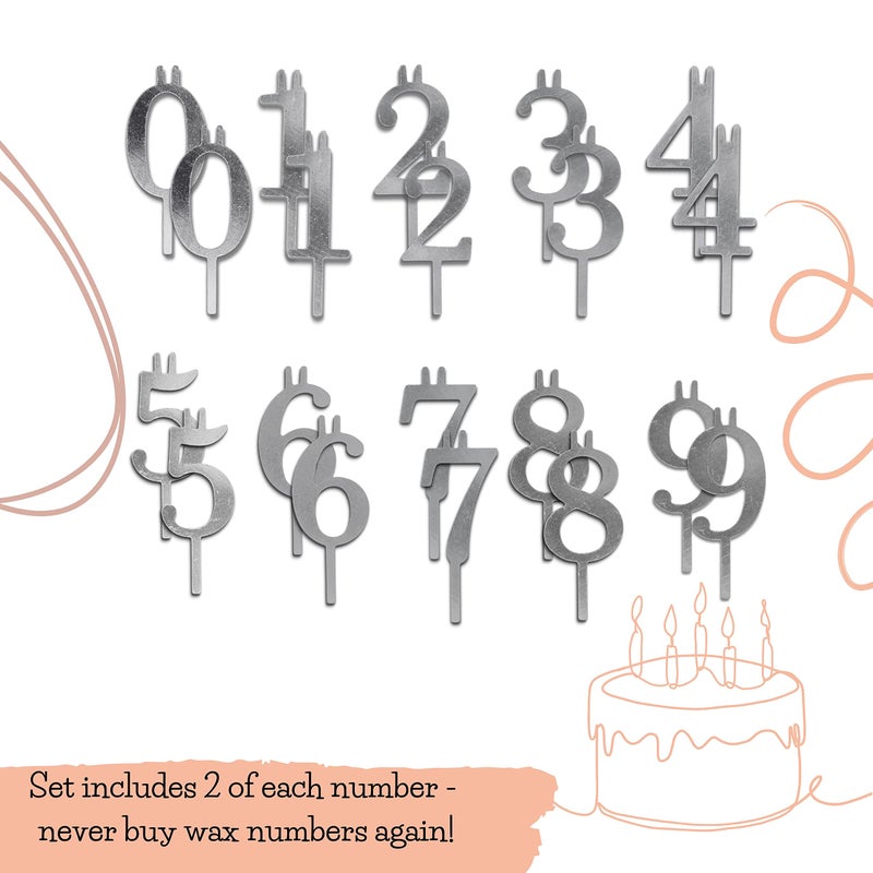 Kalinar Numbered Aluminum Birthday Cake Candle Holder Set â€“ 20 Reusable Cake Toppers for Parties, Anniversaries and Celebrations - Includes Double Numbers 0-9 (Silver) - Image 5